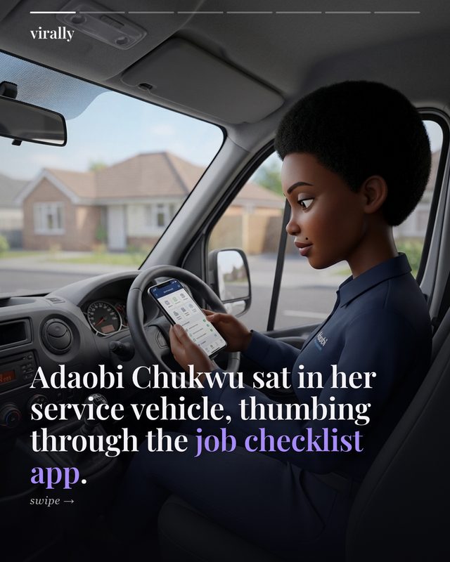 Carousel slide 1: Adaobi in her service van, checking the job app